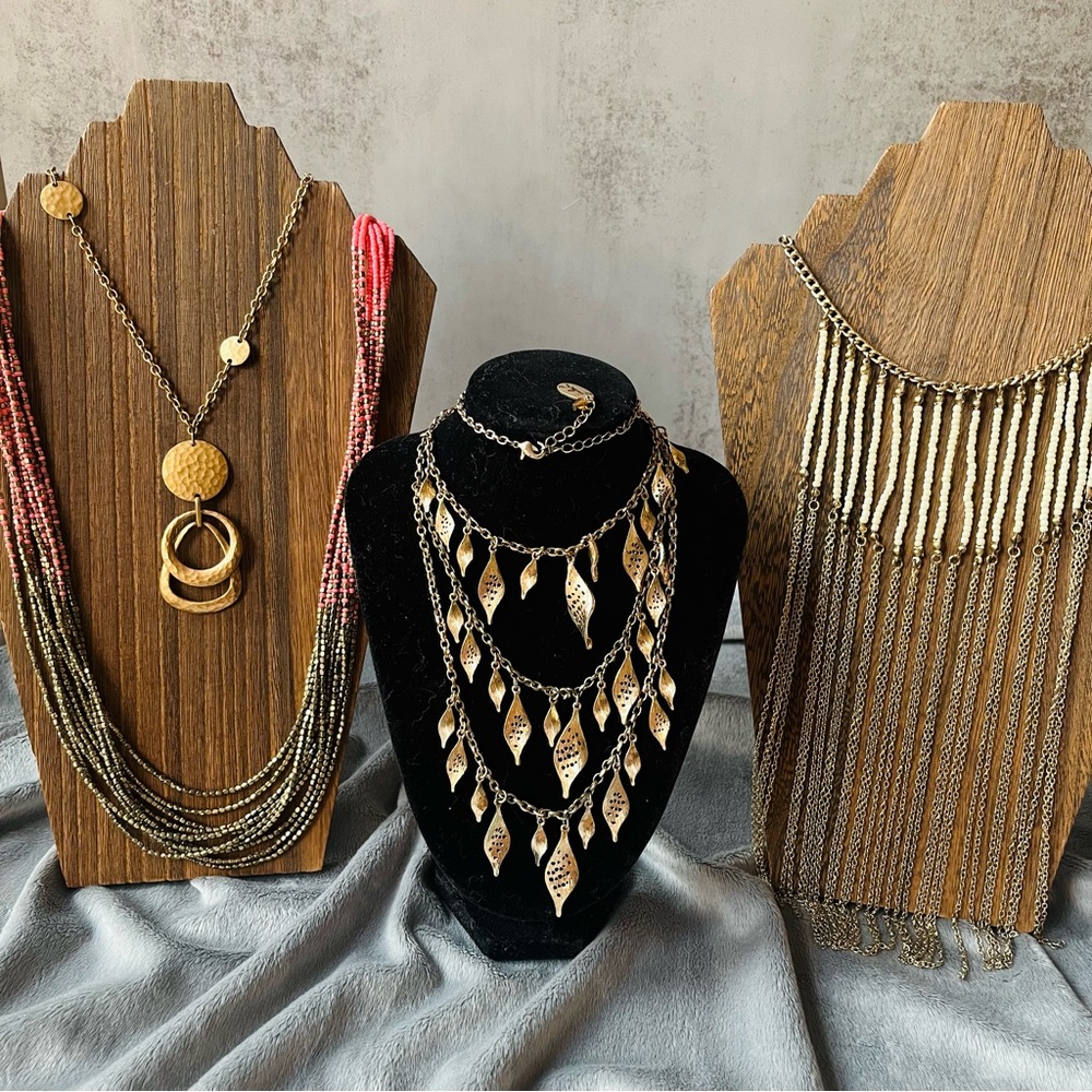 Lot of 4 Women’s Statement Boho Necklaces Gold Tone Beaded Fringe Layered